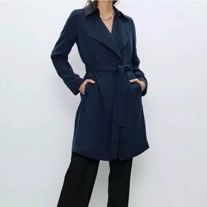 Aritzia Babaton Flowy Navy Blue Belted Trench Coat